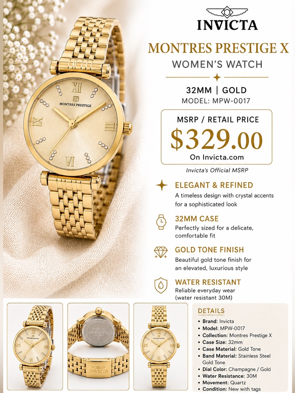 (NIB) Invicta Gold Tone Women’s Watch with Crystal Accents